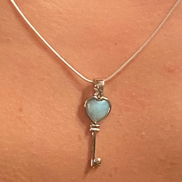 Natural Larimar Key Sterling Silver Necklace - Picture 13 of 16